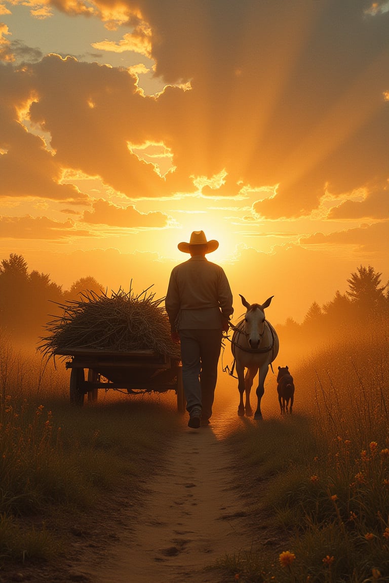 Beauty, realism, cinematography, chiaroscuro, rays of light, play of shadow and light, cinematic quality, drawing with dry chalk, Pastel, Cinematic style, 
a farmer walking next to his mule pulling an old cart full of wood and his dog following behind, with cinematic perfect twilight light. Art by Matt Molloy, depth of field, haze, (blazing sky:1.2), meticulous detail, (golden hour:1.2), perfect composition, 8k artistic photography, volumetric light, chiaroscuro, rule of thirds, golden ratio