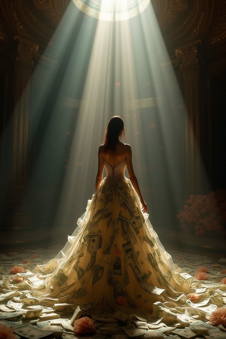 Abstract Lighting Effects, flowers, patterns, Midjourney style, Photorealism, Cinematic style, high fidelity, realism, chiaroscuro, play of shadow and light, rays of light.
"A stunning woman standing in a grand, dimly lit room, wearing a luxurious gown made entirely out of dollar bills. The dress cascades behind her, with money spread across the floor. Soft beams of light shine down from above, casting a dramatic spotlight on her elegant pose. The room has a high ceiling and an atmosphere of opulence and power, with the woman exuding confidence and grace. The setting is cinematic, with a soft glow highlighting the textures and details of the dollar bill dress. The overall mood is symbolic of wealth, extravagance, and luxury."


