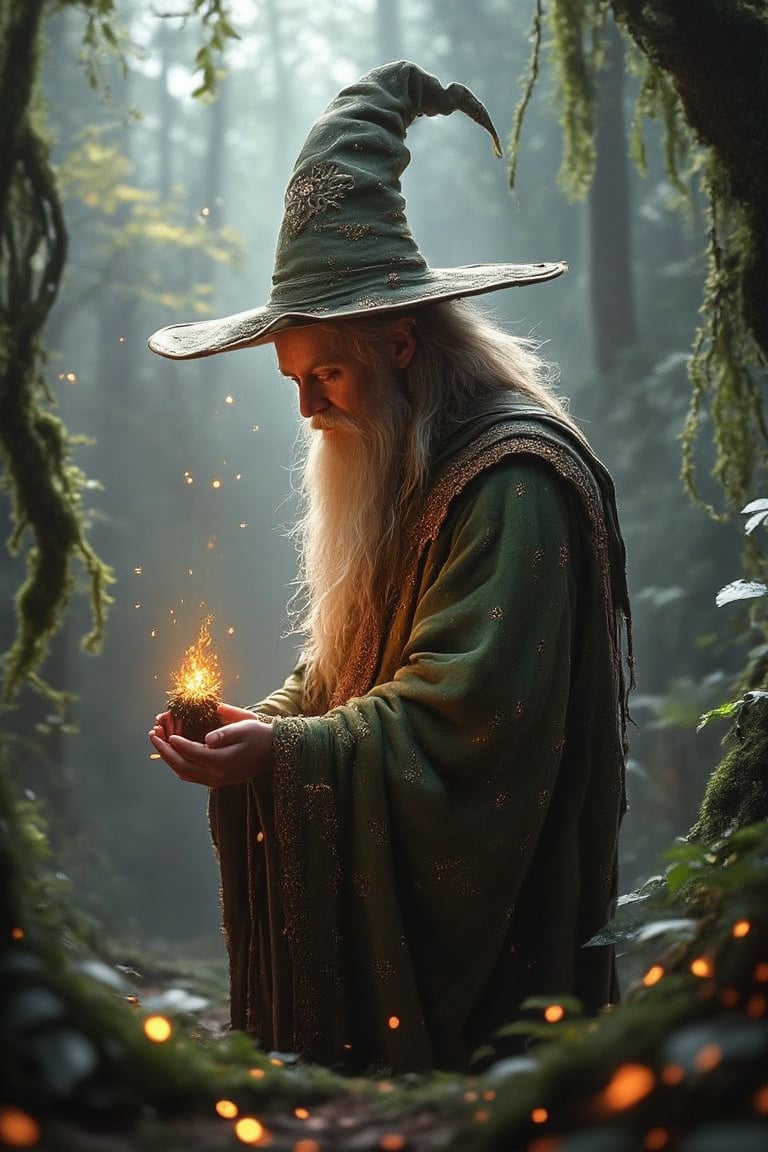 Cinematic style, realism, cinematic quality, rays of light, play of shadow and light, Beauty,
"A mystical wizard with a long beard and a tall, weathered hat stands in an enchanted forest, carefully tending to a glowing, magical flower. The scene is set in a misty forest at dawn, with soft, diffused light filtering through the trees. The wizard’s robes are adorned with intricate, ancient patterns, and the air is filled with golden, sparkling particles of magic. The atmosphere is one of wonder and ancient knowledge, with a sense of timelessness and serenity."
