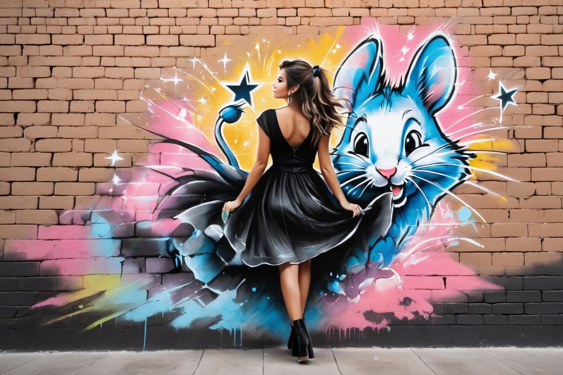 graffiti, pastel, graffiti on brick wall, spray paint on wall, colorful graffiti, street art, cowboy shot, 8_up, 7_up, 6_up furry, mouse, woman, black dress, claws, looking at viewer, cute, bottom view, aesthetic, dramatic angle, night, darkness, stars,Pastel, drawing with dry chalk, black pencil drawing