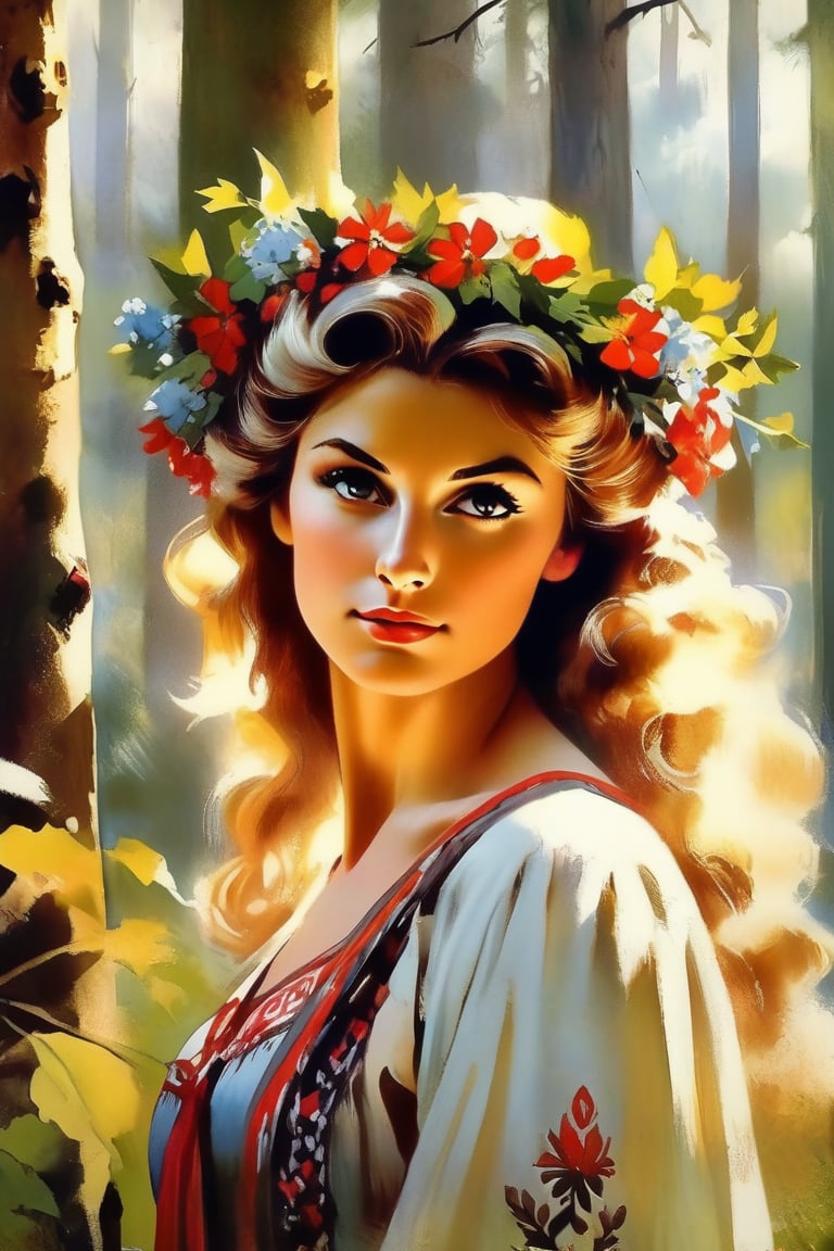 Vintage poster of a beautiful Slavic woman’s face in traditional slavic costume, flower crown, dancing in the forest, realistic style, concept art, Gabriele Dell'otto, Style AI Midjourney,