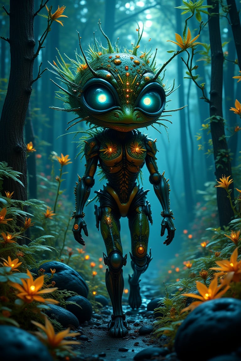 Midjourney, Midjourney style, Super HD, hyperquality, hyper-realistic, 
Cinematic high quality photo, (different photorealistic portrait masterpiece of a mysterious hybrid creature, a fusion of floral and mechanical) elements, wandering through an enchanted forest of bioluminescent trees and glowing plants. This unique being, with a body covered in lush foliage and intricate gears, has radiant eyes that emit a soft, (gloomy and mesmerizing light). It explores the surreal landscape, a realm where nature and technology coexist harmoniously. Delicate flowers intertwined with polished metal vines form a fascinating, intricate pattern on the creature's skin. High detail, (by Jean Ansell, Josephine Wall, H. R. Giger, and Daniel Lieske),geometric shapes,architectural details, 64k photography,close-up textures, manga, anime, poster