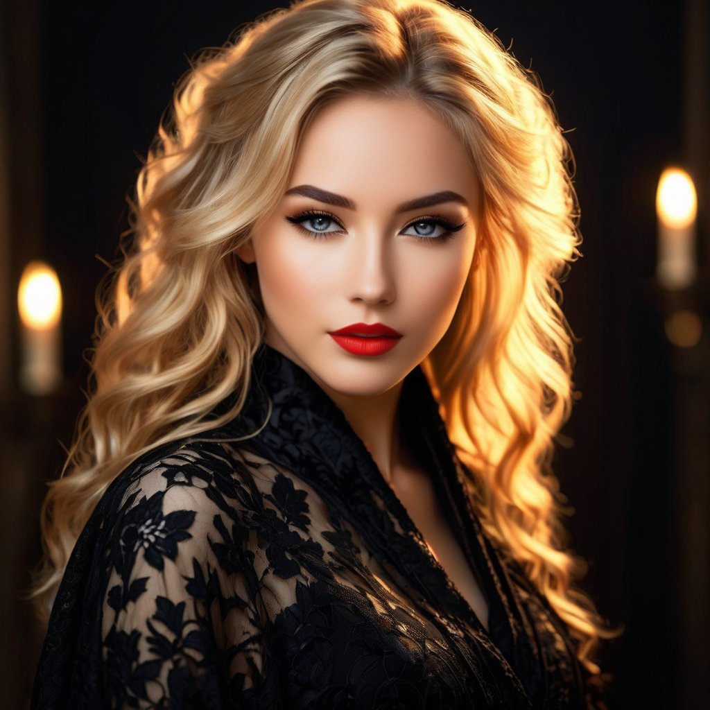 A hyper-realistic portrait (close-up) of a very beautiful young woman with delicate features, captured in soft, warm lighting. She has smooth, flawless skin with a subtle glow, and her makeup highlights her natural beauty with defined eyes and soft red lips. Her blonde hair is elegantly styled, swept back with loose curls framing her face. She wears an intricate black lace robe with delicate patterns and a high collar, adding a touch of gothic elegance. The background is blurred, bringing full focus to her serene expression and the details of her outfit.