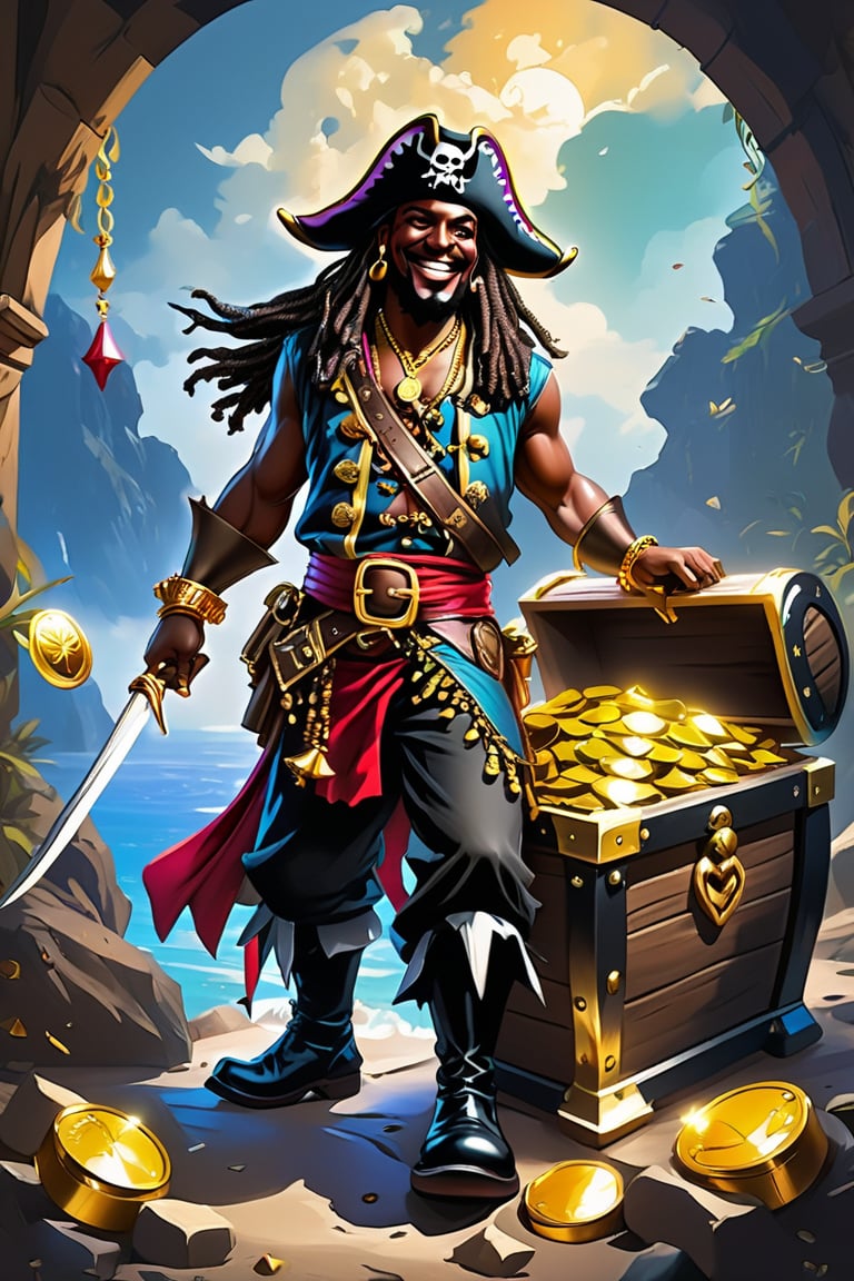 Create Pirate Pete (Inspired by Potty Scotty)
Description: A mischievous young Pan-African pirate with a wooden leg and an eye patch, grinning as he stands beside a treasure chest overflowing with jewels and gold coins. His outfit is Pan-African colorful and ragged, with a pirate hat adorned with a Jolly Roger, characters sheet with 10 full-body poses
 She invites the viewer to immerse herself in the contemplation of beauty and think about the eternal truths of existence, in the style of Bernie Wrightson, Anders Zorn, Alexi Brilo, Luis Royo