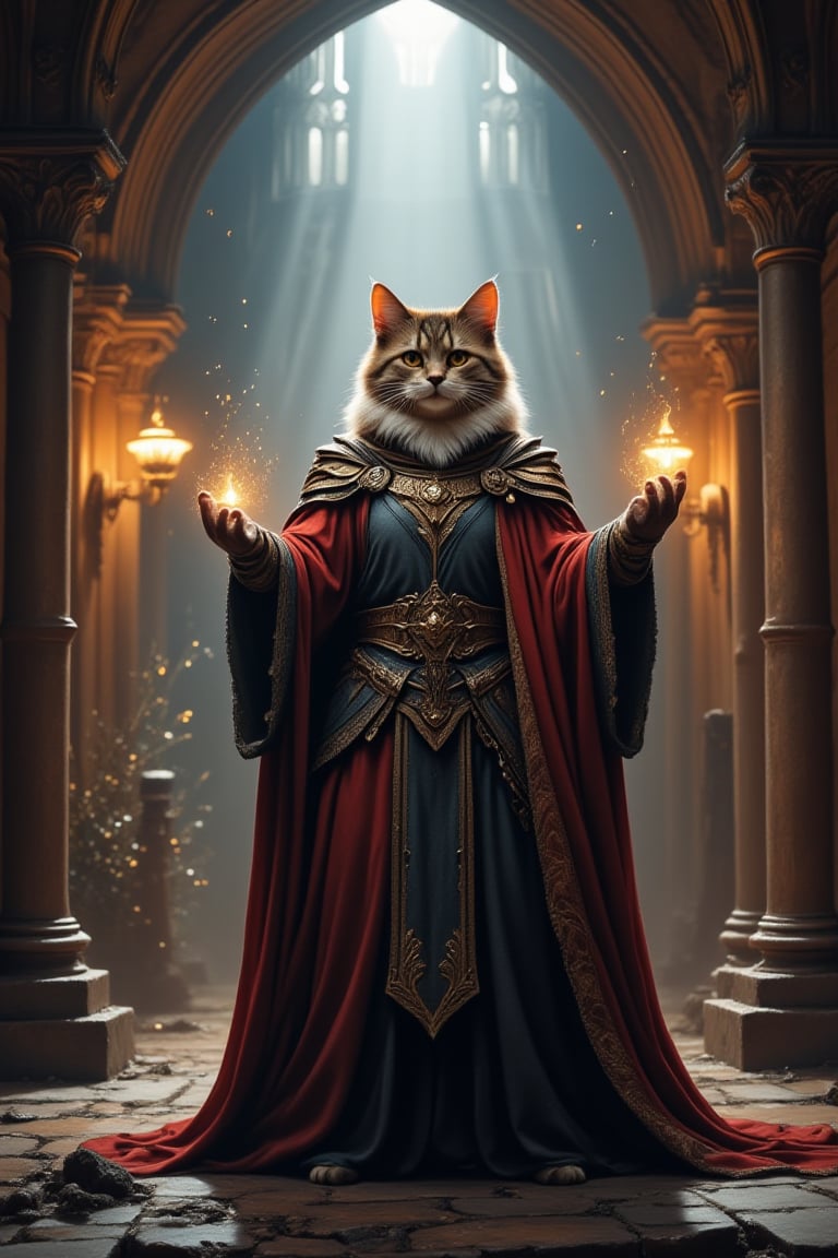 Beauty, realism, cinematography, chiaroscuro, rays of light, play of shadow and light, cinematic quality, Cinematic style, 
"A majestic cat in a fantasy medieval setting, dressed as a powerful wizard with ornate robes and intricate armor. The cat stands tall, casting a spell with one paw extended, surrounded by glowing magical particles. The scene is set in a grand, ancient cathedral-like environment with gothic architecture, rich in detail and illuminated by a mystical light. The atmosphere is epic and cinematic, capturing the essence of a fantasy world where animals are powerful sorcerers."

