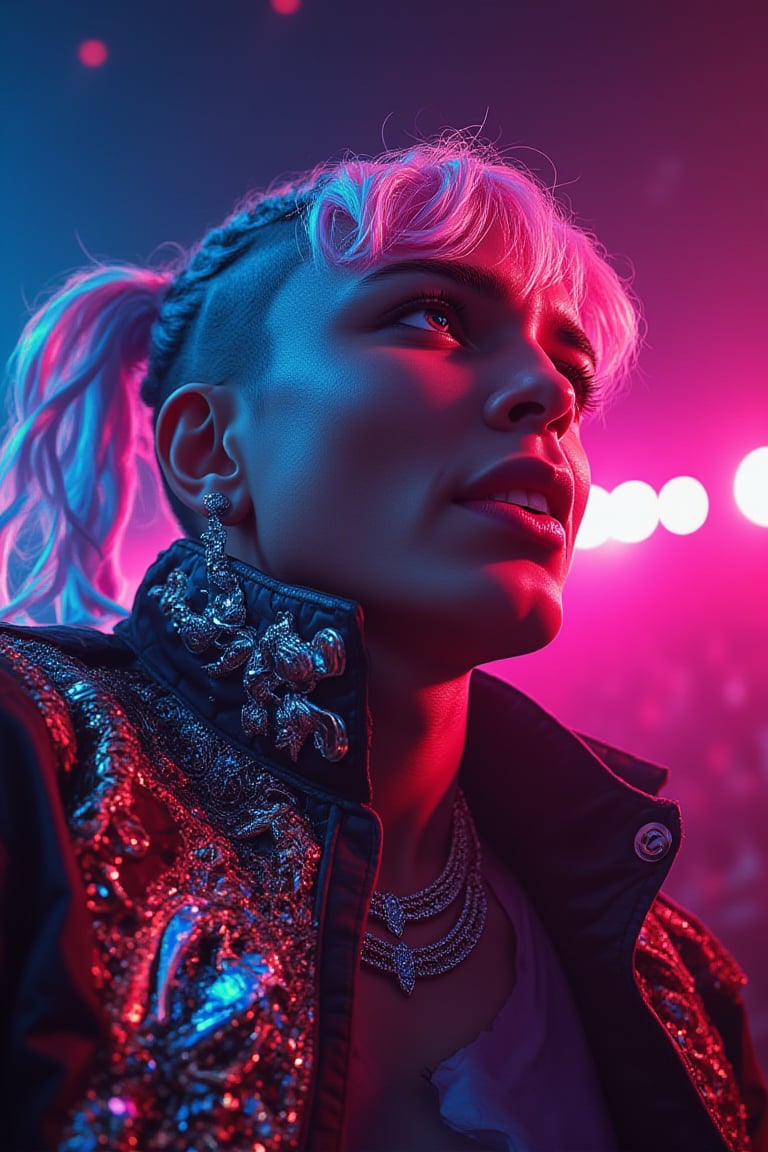 Cinematic, High Quality, Beauty, Realism, Light and Shadow, Photorealism, Film Still, A dynamically animated anime rapper exudes energy and charisma with every move: bright neon hair in intricate braids, glittering jewelry on an ornate jacket, and eyes that seem to glow with determination. This mesmerizing portrait captures the essence of a live performance, complete with a dynamic stage backdrop and a sea of ​​cheering fans. Impeccable attention to detail and vibrant colors make this digital illustration a stunning masterpiece that truly brings the character to life.
art by Tanya Shatseva, Gabriele Dell'otto, Andrew Atroshenko, Ross Tran, Anna Razumovskaya