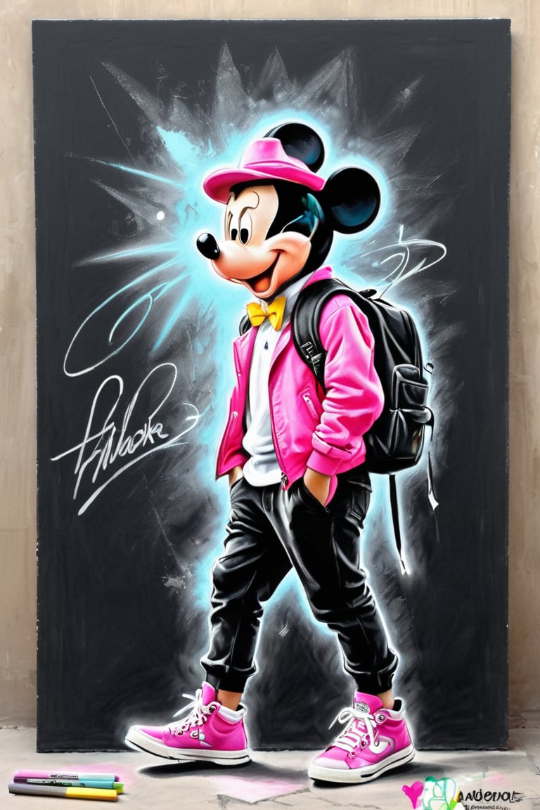 #pastel, #dry chalk drawing, #chalk on paper, #chalk shading, #chalk drawing, #tinted paper, #colored chalk drawing, #chalk shading,
Mickey Mouse style graffiti, with his signature pink hat and yellow bow tie. The girl is wearing a black jacket, black pants and black sneakers. She is carrying a backpack
style: Antonio Mora, Andre Cohn, Arthur Bordalo, Bob Ringwood, Benedick Bana,