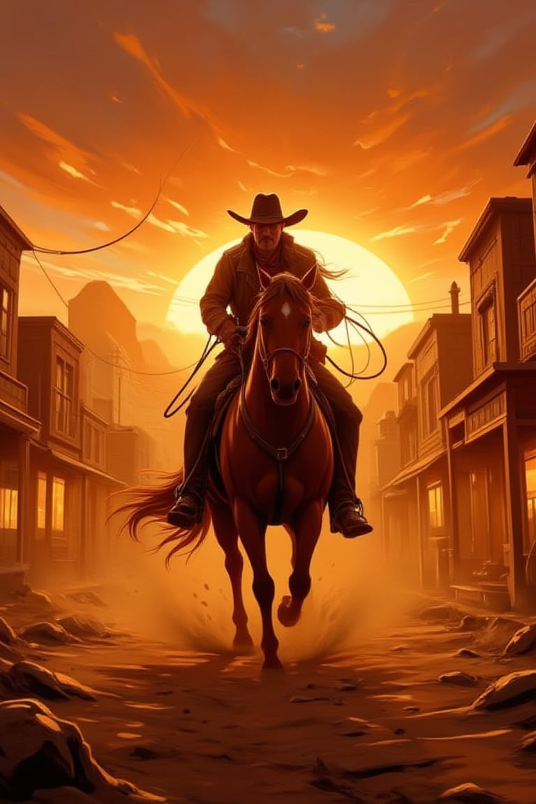 illustration, cartoon, anime, manga, drawing, 
score_4_up, score_9, score_8_up, score_7_up, score_6_up, 7_up, score_6_up, 
Cowboy riding a horse through a dusty Wild West town at sunset, with glowing geometric shapes in the background, vibrant orange and yellow colors, dynamic composition, horse and cowboy in sharp focus, detailed textures, cinematic lighting, rugged cowboy, horse with a galloping motion, town buildings in the backdrop, dust and shadows, high-resolution, epic atmosphere, dramatic sky, intricate details, vivid colors, detailed background, masterpiece.

