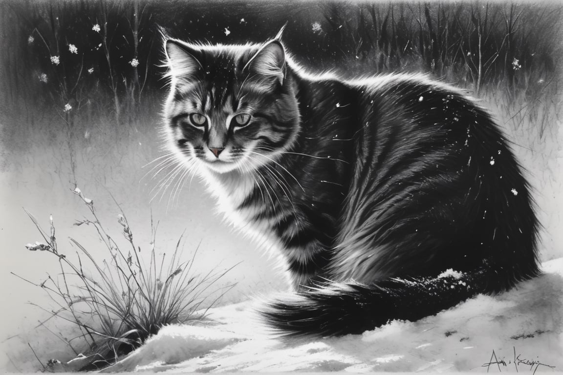 Charcoal drawing, crayons, black pencil drawing, pencil drawing, black and white drawing, graphite drawing,
masterpiece, crayons, pencils, mj, RTX, 4k, HDR, Anna Razumovskaya, Casey Baugh, Antonio Mora, Aminola Rezai, Giovanni Boldini, art, realistic art. cat, first snow, flakes, partial snow cover, film frame, breathtaking, falling leaves, melancholy mood, nature's farewell in the rustling wind, photorealism, film grain, film frame, bokeh, intricate detail, perfect composition, beautiful detail complexity