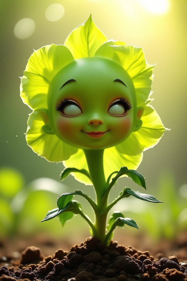 Beauty, realism, cinematography, chiaroscuro, rays of light, play of shadow and light, cinematic quality, drawing with dry chalk, Pastel, Cinematic style, 
A flower in the shape of a realistic girl silhouette, breaking through the damp soil and coming to life with a renewed look on her beautiful bright green face. It reaches straight up with its newly formed leafy arms towards the sun. You can see the very small spines on the plant in the sun. The large eyes and closed mouth smile at the sun as it enters a new world. You can see the veins throughout its being, giving life to photosynthesis, building a stronger plant.