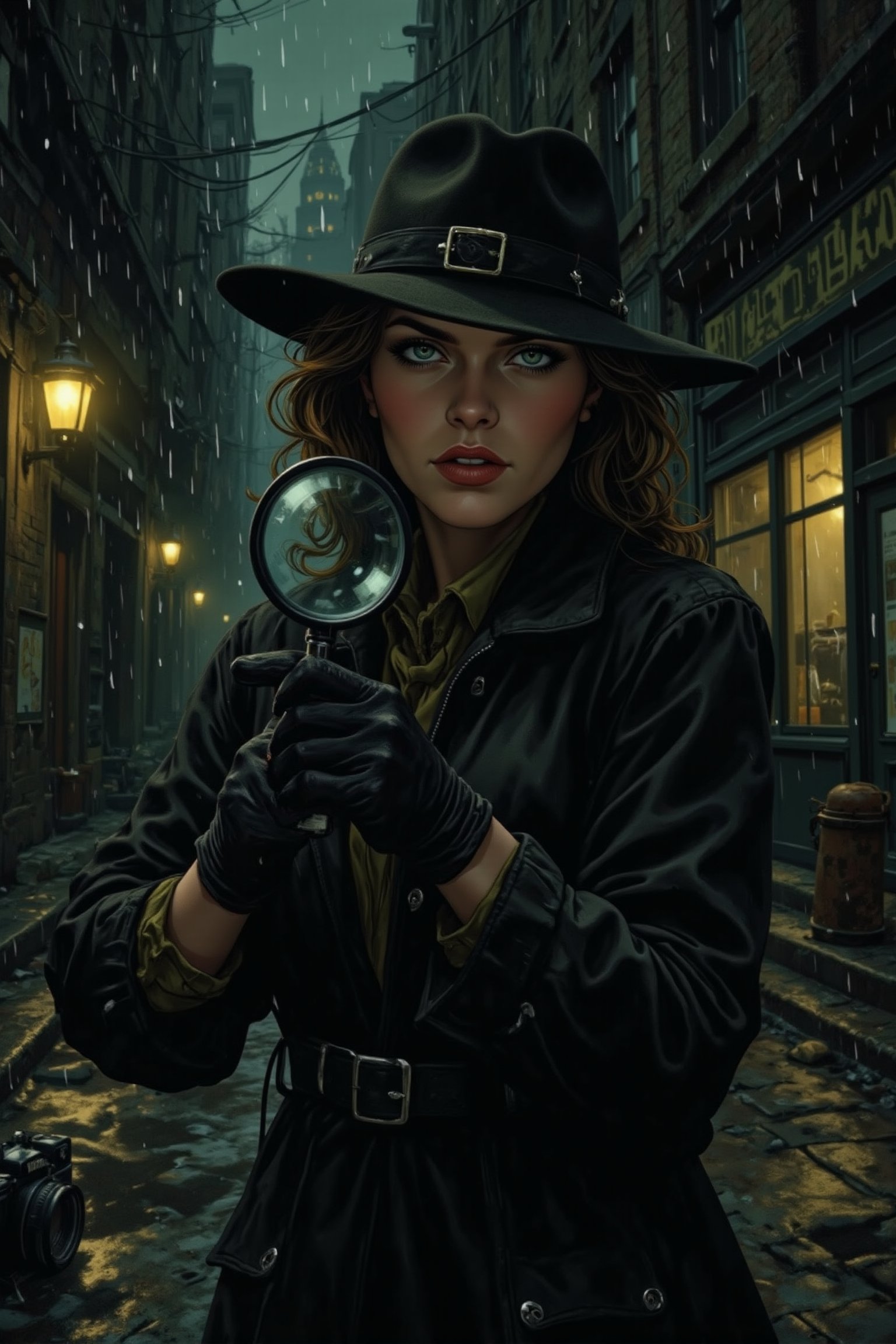 illustration, cartoon, anime, manga, drawing, 
score_4_up, score_9, score_8_up, score_7_up, score_6_up, 7_up, score_6_up, 
1940s film noir style female detective, Raincoat, Felt hat, Gloves, Holding magnifying glass, Examining evidence, Detective novel in background, Dimly lit room, Shadows, Smoke, Rainy night, City alley, Leica III camera, High contrast, Grainy film.

