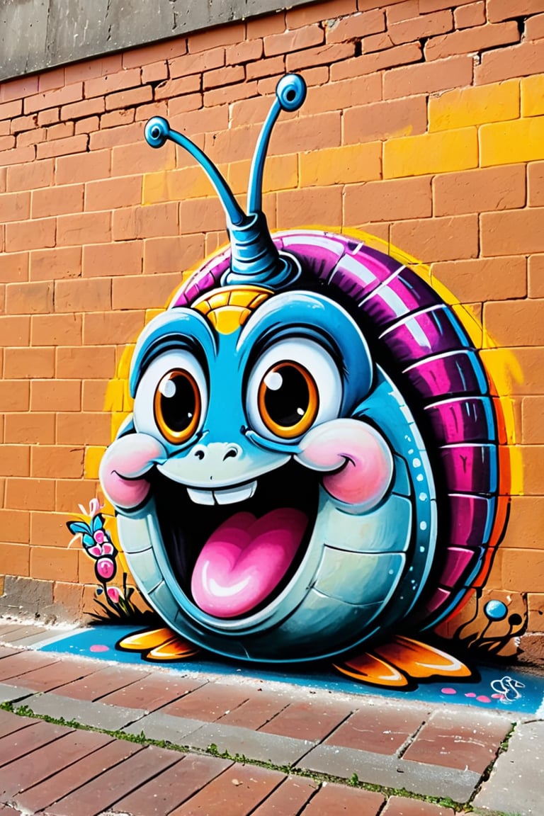 #Pastel, #dry chalk drawing, #chalk on paper, #chalk shading, #chalk drawing, #tinted paper, #colored chalk drawing, #chalk shading. graffiti, graffiti on brick wall, graffiti on wall, spray painting on wall, colored graffiti. A playful and expressive cartoon-anime snail with a wide, silly idiotic smile, wide eyes and a long, sticking out tongue.