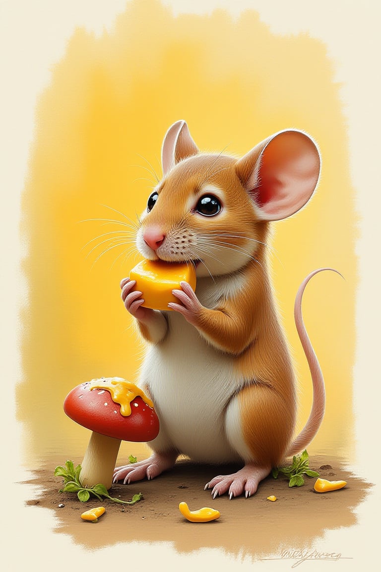 Midjourney, Midjourney style, Super HD, hyperquality, hyper-realistic, 
Poster, sketch, close-up, sketch, fine lines and shading, Cute little Kawaii Chibi mouse, sitting on a mushroom and eating a piece of cheese, earthy tones, very cute, art by Darek Zabrocki, Neil Blevins, Cedric Peyravernet,