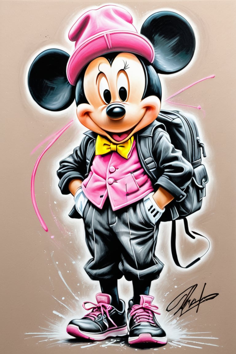 #pastel, #dry chalk drawing, #chalk on paper, #chalk shading, #chalk drawing, #tinted paper, #colored chalk drawing, #chalk shading,
Mickey Mouse style graffiti, with his signature pink hat and yellow bow tie. The girl is wearing a black jacket, black pants and black sneakers. She is carrying a backpack
style: Antonio Mora, Andre Cohn, Arthur Bordalo, Bob Ringwood, Benedick Bana, black pencil drawing,colored crayons,Charcoal drawing