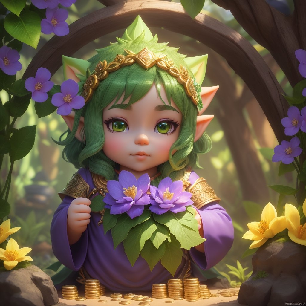 Luminism, Portrait, close-up. Cute gnome counting gold coins in his cave, intricate pose, highly detailed filigree, lush green leaves, blooming exotic flowers, purple flowers.,3d style,Colourful cat ,3d toon style,v0ng44g