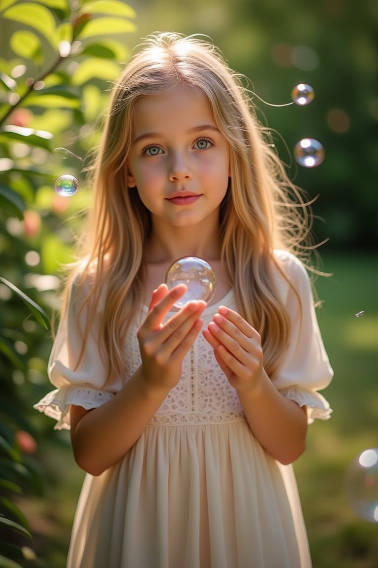 Beauty, realism, cinematography, chiaroscuro, rays of light, play of shadow and light, cinematic quality, cinematic style. 
"A young girl with long blonde hair and big blue eyes, delicately playing with soap bubbles in a serene outdoor setting. The sunlight softly illuminates her face, creating a gentle glow and highlighting the shimmering bubbles around her. The background is slightly blurred with lush green foliage, adding depth and focus to the girl’s expression of wonder and innocence. The atmosphere is magical and serene, capturing the fleeting beauty of childhood in a realistic, high-detail, and slightly dreamy photographic style."
