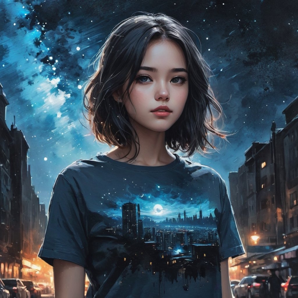 Watercolor, gouache, crayons, pencils, Aleksi Briclot, Alena Aenami, Alexei Harlamoff, 8k digital art,
super realistic, starry night, black city night background, blue black nightmare, girl, splatter, t-shirt design aesthetic, high detail, dark tones