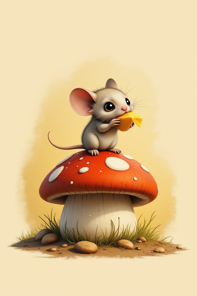 Midjourney, Midjourney style, Super HD, hyperquality, hyper-realistic, 
Poster, sketch, close-up, sketch, fine lines and shading, Cute little Kawaii Chibi mouse, sitting on a mushroom and eating a piece of cheese, earthy tones, very cute, art by Darek Zabrocki, Neil Blevins, Cedric Peyravernet,