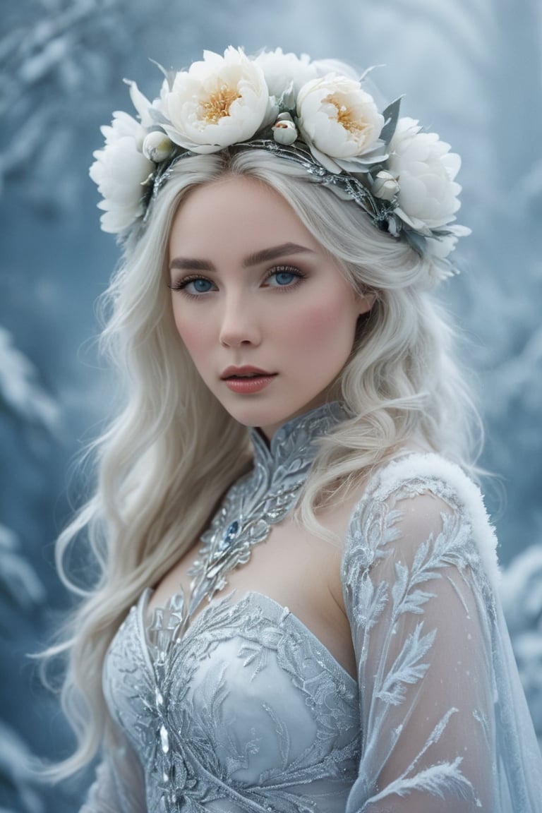 Midjourney style, cinematic quality, portrait, realism, hyper quality, macro, "An ethereal winter goddess, crowned with delicate white peonies, her skin gleaming with a frosty shimmer, her gaze captivating and serene against icy blue tones. Capture the surreal, enchanting essence of this otherworldly, nature-inspired beauty."