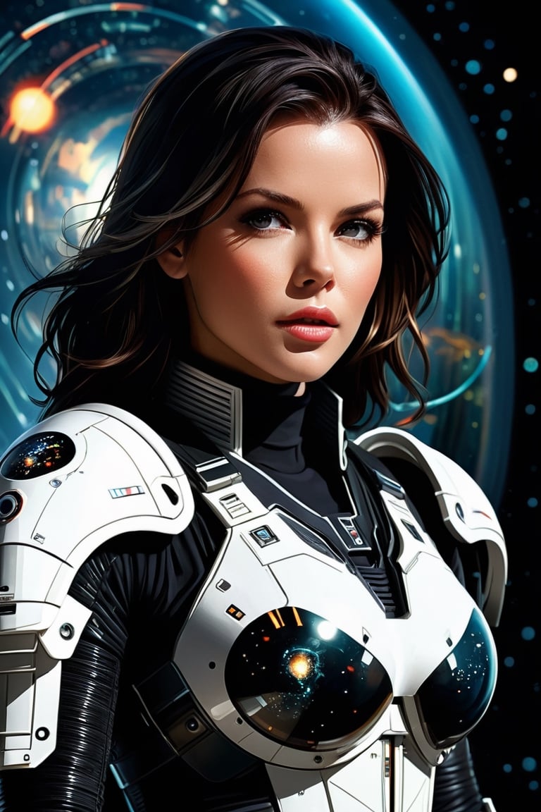 "galactic, milky way, planets, space shuttles by Android Jones and Victo ngai: Professional photography: Russ Mills and H. R. Giger: aristocratic trend on artstation volumetric lighting maximalist photo illustration 8k resolution concept art intricately nobly detailed, sci-fi, realistic", close-up portrait photo Kate Beckinsale, busty, film, studio lighting, detailed skin, ultra realistic, bokeh, sharp facial features, centered, symmetry, painted, intricate, volumetric lighting, beautiful, rich deep colors masterpiece, sharp focus, ultra detailed, in the style of dan mumford and marc simonetti