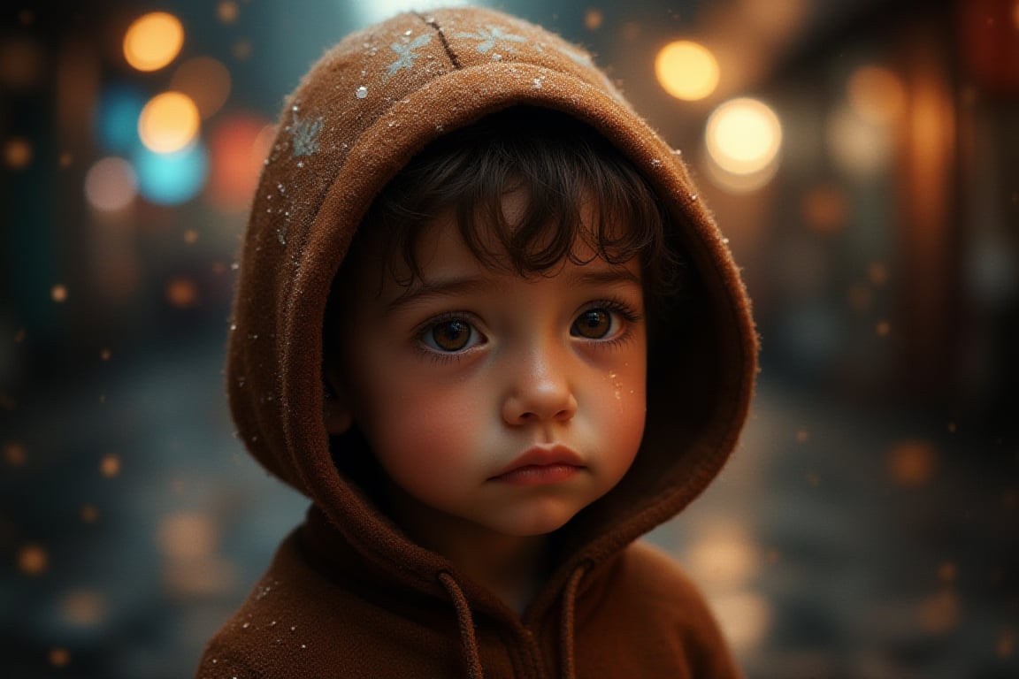 Abstract Lighting Effects, flowers, patterns, Midjourney style, Photorealism, Cinematic style, high fidelity, realism, chiaroscuro, play of shadow and light, rays of light.
"A close-up portrait photograph of a young child with expressive, watery eyes and an expression of sadness or fear. The child is wearing a brown hoodie over his head and is standing in a dimly lit urban environment with the blurry city lights glowing warmly in the background. The lighting is soft, highlighting the child's smooth skin and tear-stained cheeks. The overall mood is emotional and touching, focusing on the child's innocence and vulnerability, framed by the subtle bokeh effect of the background."

