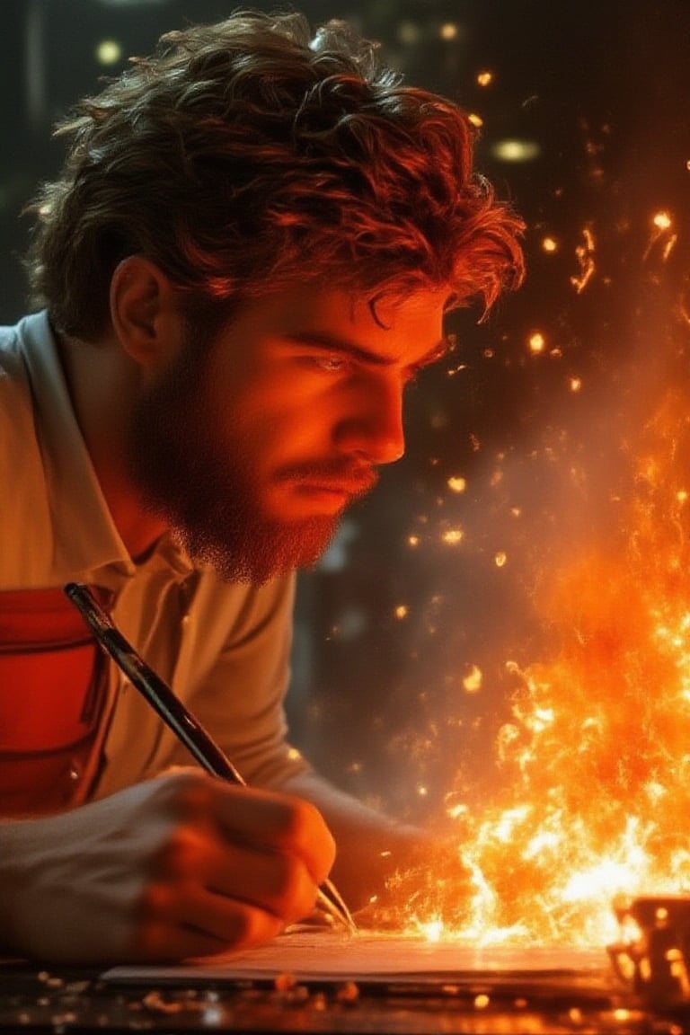 Midjourney style, illustration, Cinematic style, high fidelity, realism, chiaroscuro, play of shadow and light,
a 25 year old man writing his score on a golf scorecard while the scorecard is on fire with flames all around him,