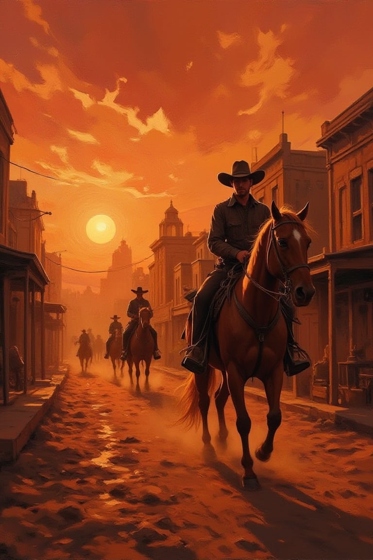 illustration, cartoon, anime, manga, drawing, 
score_4_up, score_9, score_8_up, score_7_up, score_6_up, 7_up, score_6_up, 
Oil painting of Cowboy riding horse through dusty Wild West town at sunset, glowing geometric shapes in background, horse and cowboy in sharp focus, city buildings in background, dust and shadows, vintage film noir, film grain, chiaroscuro, dramatic shadows, detailed, intricate, high contrast, rich colors, masterpiece, classic, elegant, masterful brushwork

