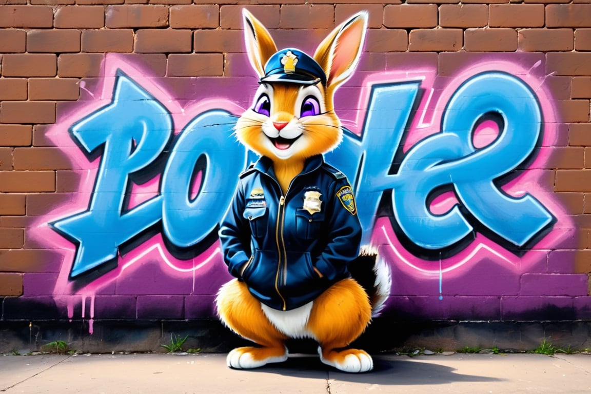 graffiti, pastel, graffiti on brick wall, spray paint on wall, colorful graffiti, street art, spray paint, street canvas, graffiti artist, graffiti art,
(best quality, masterpiece:1), furry female anthro judyhopps, portrait, police uniform, full uniform, rabbit tail, police belt, police badge, blue pants, smile, purple eyes, body fur, half-closed eyes, (detailed urban city background:1.1), 3d pixar style, sexy pose,Pastel, drawing with dry chalk