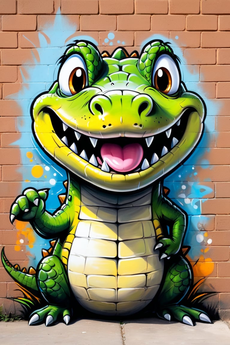 #Pastel, #dry chalk drawing, #chalk on paper, #chalk shading, #chalk drawing, #tinted paper, #colored chalk drawing, #chalk shading. graffiti, graffiti on a brick wall, graffiti on a wall, spray painting on a wall, colored graffiti. A playful and expressive cartoon-anime crocodile with a wide and stupid idiotic smile, huge eyes and a long sticking out tongue.