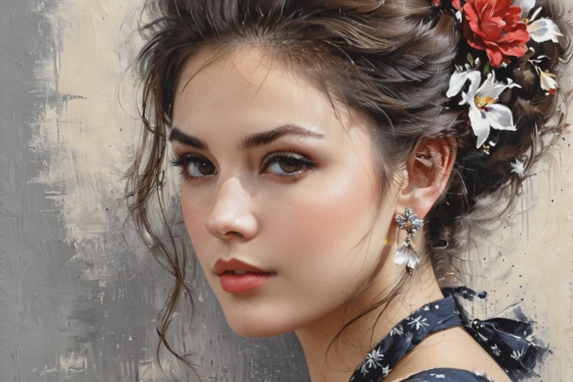 Close-up, half body of a beautiful woman, dark tousled hair pinned up in a vintage dress, large earrings, on canvas, hyper realistic oil painting, visually stunning, realistic oil painting, trending on Artstation, hyper quality, ultra detail, Charlie Style Bowater, Konstantin Razumov, Vladimir Volegov, Studio Ghibli Genshin Impact