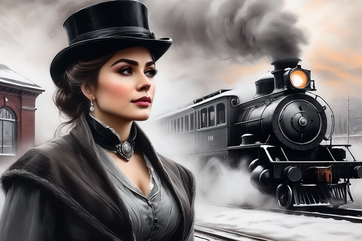 Pastel, black pencil hatching, charcoal drawing, toned paper, pencil drawing,
A historical scene set in a foggy train station. Foreground close-up, on camera, Anna Karenina, dressed in elegant 19th century winter attire, including a fur cape, hat, throws herself (((moving view, in front of the locomotive: 1.5))) under the locomotive. The train emits steam, creating a dramatic and nostalgic atmosphere. In the background are details of the train station with an industrial, vintage feel., drawing with dry chalk,Black and white art