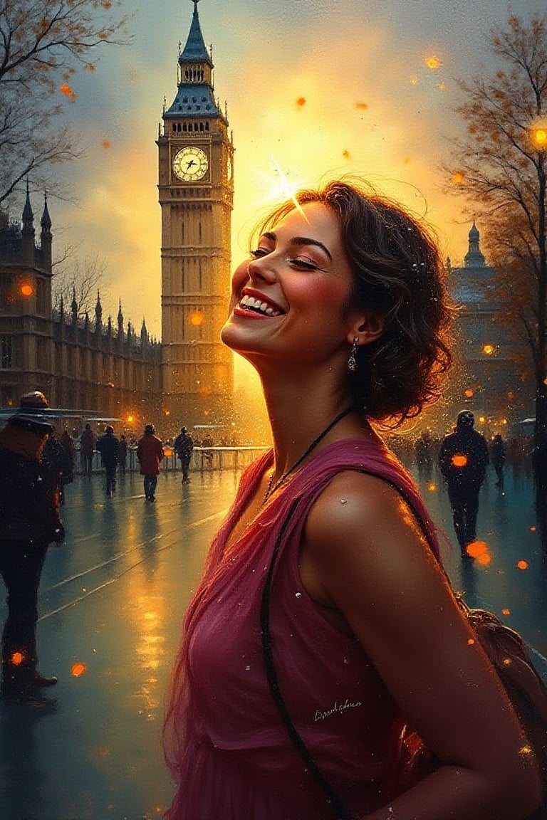 Abstract Lighting Effects, Midjourney Style, Photorealism, Cinematic, High Fidelity, Realism, Light Play,
This conceptual oil painting captures a radiant woman's smile brimming with joy and warmth, her face illuminated by the glow of a sunlit park. The background features the iconic silhouette of Big Ben, hinting at London's bustling streets. The composition is rendered on silked cardboard using a palette knife, with bold strokes and textured brushwork creating depth and dimension. Vivid colors pop against the rain-soaked ground below, inviting viewers to share in the woman's moment of delight as she strolls through the urban landscape, offering a fleeting yet timeless glimpse of beauty., conceptual art, painting




