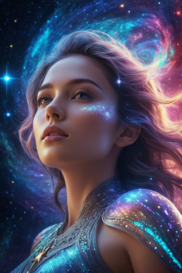 Midjourney,realism,cinematic quality,cartoon style, 
a close-up shot of an ethereal star woman with eyes body and face glowing like galaxies, surrounded by swirling, vibrant cosmic colors, vibrant star planet, ultra-detailed and photorealistic rendering, soft ambient lighting, starry nebulae in the background, dynamic and radiant color gradients, glowing reflections, cinematic composition, surreal and otherworldly atmosphere, intricate facial features, flowing hair infused with cosmic energy, luminous and ethereal, celestial radiance, soft yet detailed textures, otherworldly beauty looking up,