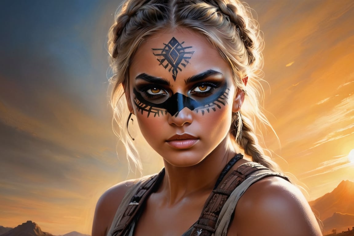 #Pastel, #drawing with dry chalk, Close-up portrait of a fierce warrior woman with intricate black tribal face paint. Her intense gaze is highlighted by the warm glow of a setting sun, creating dramatic shadows and light effects. She has long, braided blonde hair, and her expression exudes strength and determination. The background is blurred, emphasizing her face and the details of the face paint. The overall atmosphere is powerful and evocative, capturing the essence of a fearless fighter.