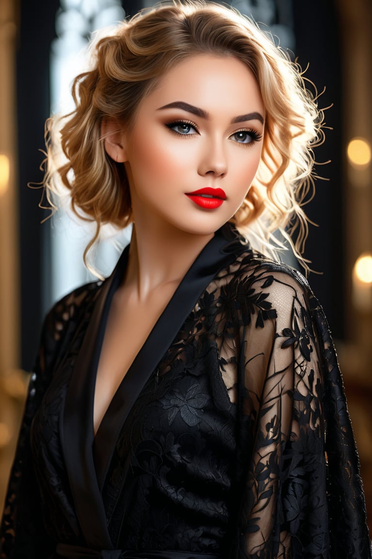 A hyper-realistic portrait of a very beautiful young woman with delicate features, captured in soft, warm lighting. She has smooth, flawless skin with a subtle glow, and her makeup highlights her natural beauty with defined eyes and soft red lips. Her blonde hair is elegantly styled, swept back with loose curls framing her face. She wears an intricate black lace robe with delicate patterns and a high collar, adding a touch of gothic elegance. The background is blurred, bringing full focus to her serene expression and the details of her outfit.
