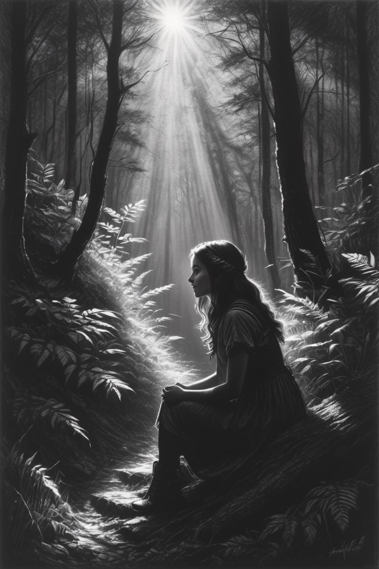 Charcoal drawing, crayons, black pencil drawing, pencil drawing, black and white drawing, graphite drawing,
masterpiece, crayons, pencils, illustration,painting,acrylic painting,Tyndall effect,Tyndall lighting enhancement,Tyndall effect,Cute elf girl sitting in dense forest,look up,Beautiful and delicate face,Close-up strengthened,The sun shines through the branches and casts shadows on her face,Strong light and dark,Tyndall effect,Tyndall lighting enhancement,Tyndall effect,Realistic light rendering,Realistic ray tracing,Realistic light reflections,8k,Super fine,Super realistic,Extreme details,dynamic perspective