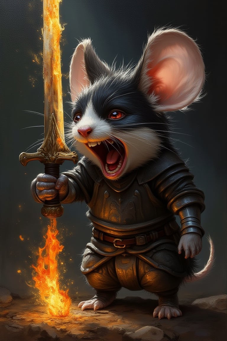 funny animals, Midjourney style, Photorealism, Cinematic style, high fidelity, realism, chiaroscuro, play of shadow and light, rays of light.
fantasy oil painting storybook illustration of a black and white mouseguard mouse with long hair, he is holding a flaming sword and wearing armor, mouth open screaming, large two front teeth, holding his sword getting ready to attack