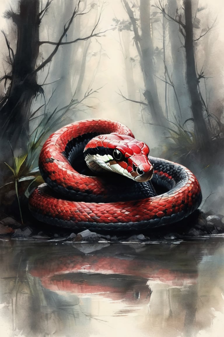 #Pastel, #drawing with dry chalk, #crayons on paper, #hatching with chalk, #drawing with chalk, #tinted paper, #drawing with colored chalk, A captivating cinematic photo of a highly venomous cobra snake. The snake is coiled on a rocky terrain, its eyes piercing through the darkness. Its hood is expanded, revealing a striking red and black pattern. The background consists of a dimly lit, mysterious forest with fog and shadows, creating a sense of danger and awe-inspiring beauty.