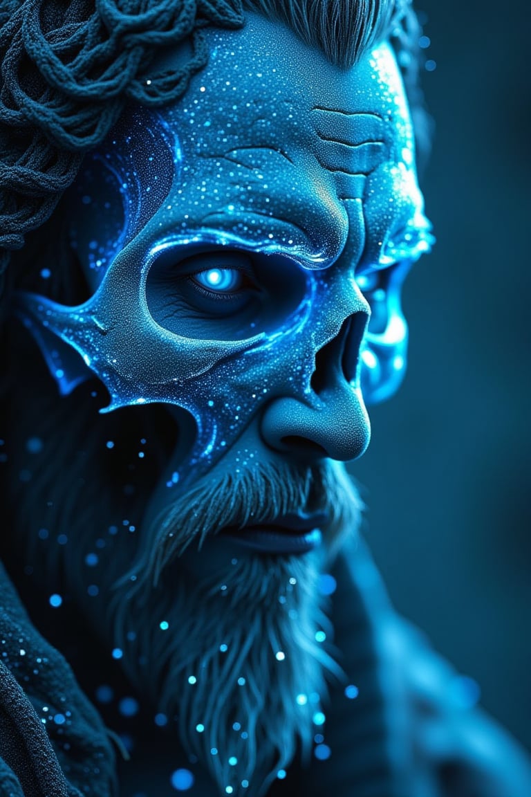 Beauty, realism, cinematography, chiaroscuro, rays of light, play of shadow and light, cinematic quality, drawing with dry chalk, Pastel, Cinematic style, 
A symmetric portrait of a male, evil frozen necromancer, features dissolving into frozen magic thin, luminescent blue lines. Weighted Voronoi stippling and laser caustics create a network, transitioning from hyperrealistic detail to abstract, quantum-inspired forms. Ethereal hues blend, evoking existential transition and mystery. Close-up on face, evil skull partially visible. Set against a twilight arctic backdrop, icy winds ripple through his tattered robes. Rendered in a fusion of photorealism and digital surrealism, the scene is illuminated by ghostly Northern Lights. Emphasis on cold, menacing atmosphere, invoking Nordic myths