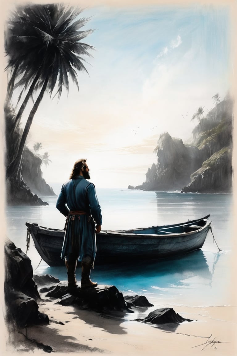 #pastel, #dry chalk drawing, #chalk on paper, #chalk shading, #chalk drawing, #tinted paper, #colored chalk drawing, #chalk shading,
graffiti in the style of (illustration:1.2) (J. J. Grandville:1.4) men (Robinson Crusoe:1.2) looking at sea, long beard, wild, fur clothes, trousers, dirty, palm trees, shore, sea, jungle, wrecked sailboat, white background,
Antonio Mora, Andre Cohn, Arthur Bordalo, Bob Ringwood, Benedick Bana,Charcoal drawing, black pencil drawing,colored crayons, toned paper, charcoal drawing, black pencil shading,Black and white art