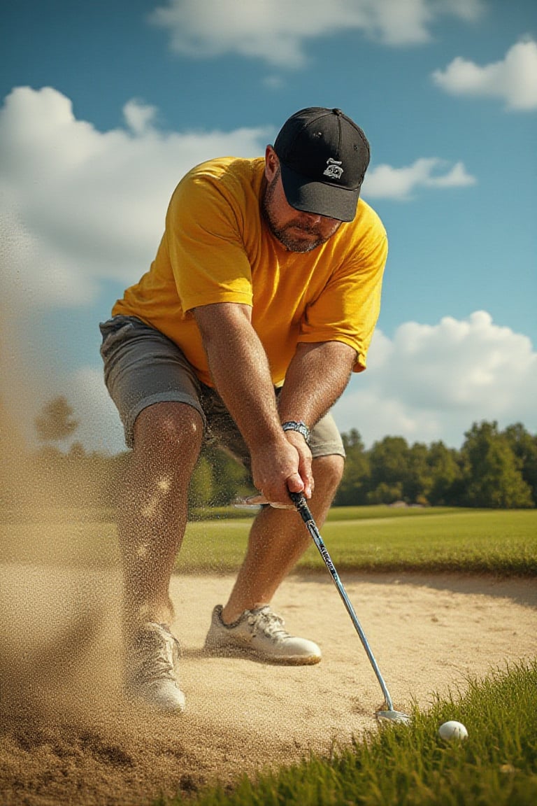 Midjourney style, illustration, Cinematic style, high fidelity, realism, chiaroscuro, play of shadow and light,
an overweight golfer in casual clothing hitting his ball out of a golf sand trap with sand flying through the air, wearing a forward facing black baseball hat, shot on a iPhone 12,