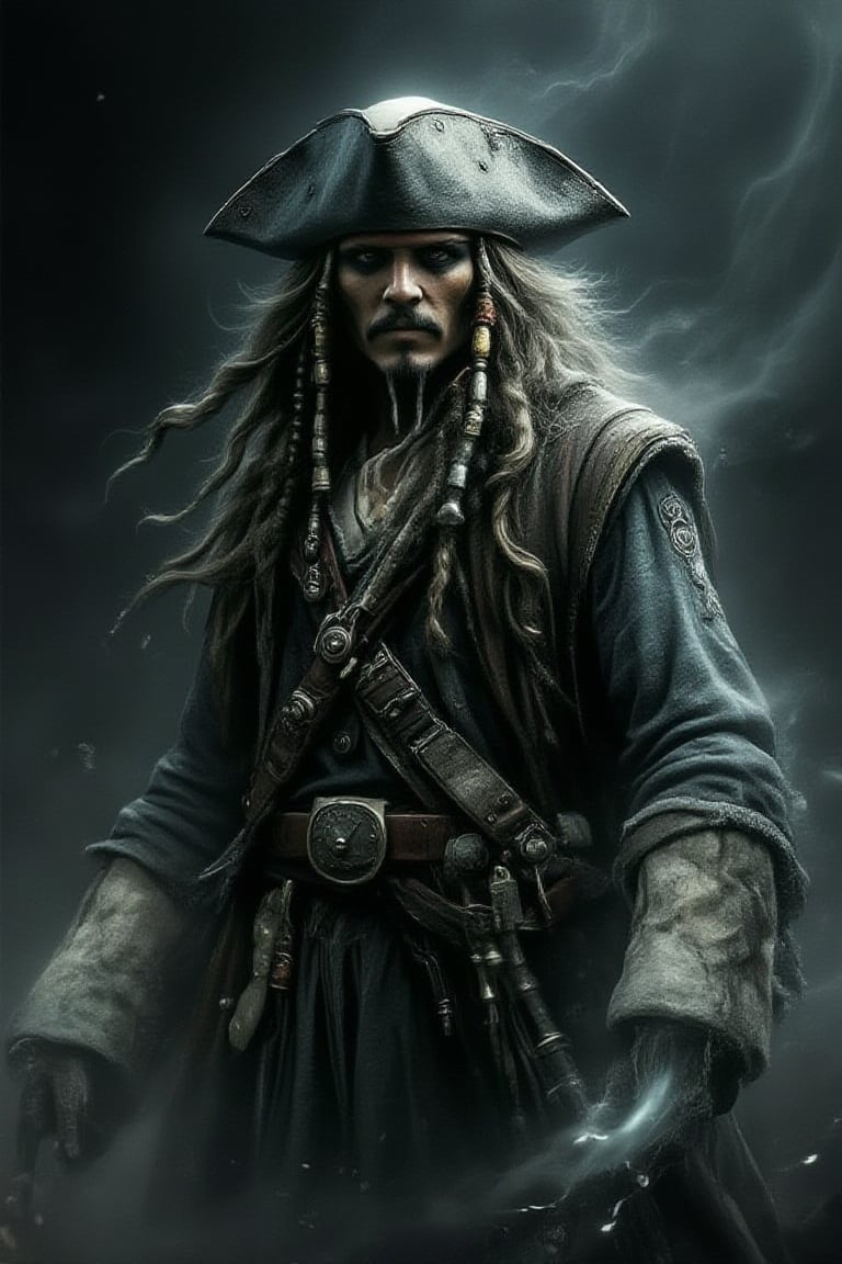 Midjourney style, illustration, Cinematic style, high fidelity, realism, chiaroscuro, play of shadow and light,
ghostly pirate, Jack Sparrow expressionism,