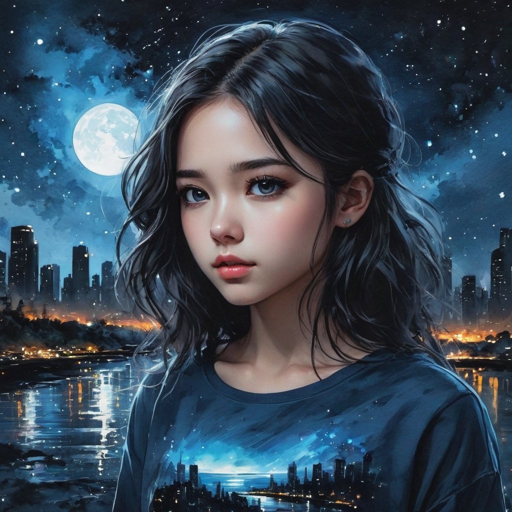 Watercolor, gouache, crayons, pencils, Aleksi Briclot, Alena Aenami, Alexei Harlamoff, 8k digital art,
super realistic, starry night, black city night background, blue black nightmare, girl, splatter, t-shirt design aesthetic, high detail, dark tones