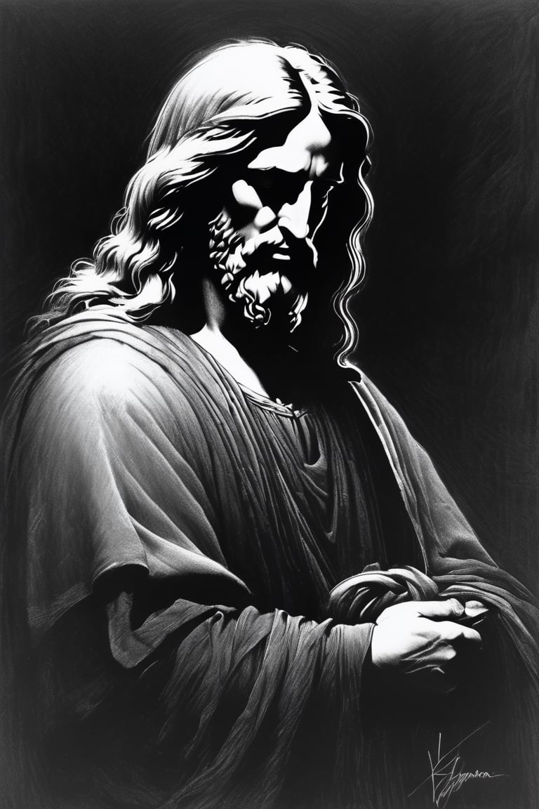 Charcoal drawing, crayons, black pencil drawing, pencil drawing, black and white drawing, graphite drawing,
an ultra cartoon, Jesus in the style of Leonardo da Vinci, silverpoint, pen and ink, black and red chalk sanguine, sfumato technique, KidsIllustration,
cool environment, cool background, extremly detailed, by Hajime Sorayama, by Henry Asenci, by (Quentin Blake:0.5), saturated