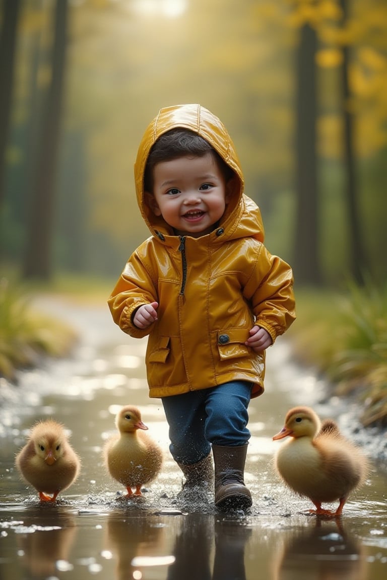 funny animals, Midjourney style, Photorealism, Cinematic style, high fidelity, realism, chiaroscuro, play of shadow and light, rays of light.
A cute boy 3 years old, wearing rain gear, running through a puddle next to her are 3 ducks babies Spring time, park background, high quality, 

