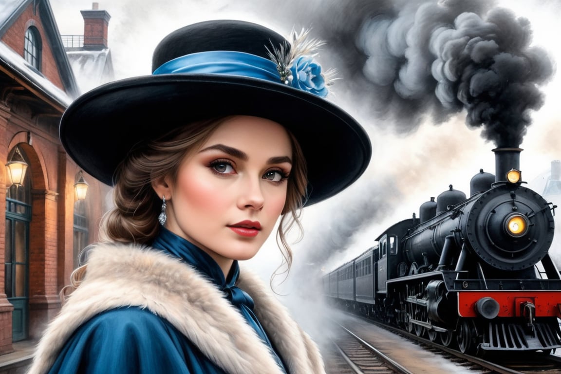 Pastel, black pencil hatching, charcoal drawing, toned paper, pencil drawing,
A historical scene set in a foggy train station. Foreground close-up, on camera, Anna Karenina, dressed in elegant 19th century winter attire including a fur cape, a hat decorated with flowers and a blue ribbon, throws herself (in motion) under a steam locomotive. The train emits steam, creating a dramatic and nostalgic atmosphere. In the background are details of the train station with an industrial, vintage feel., drawing with dry chalk