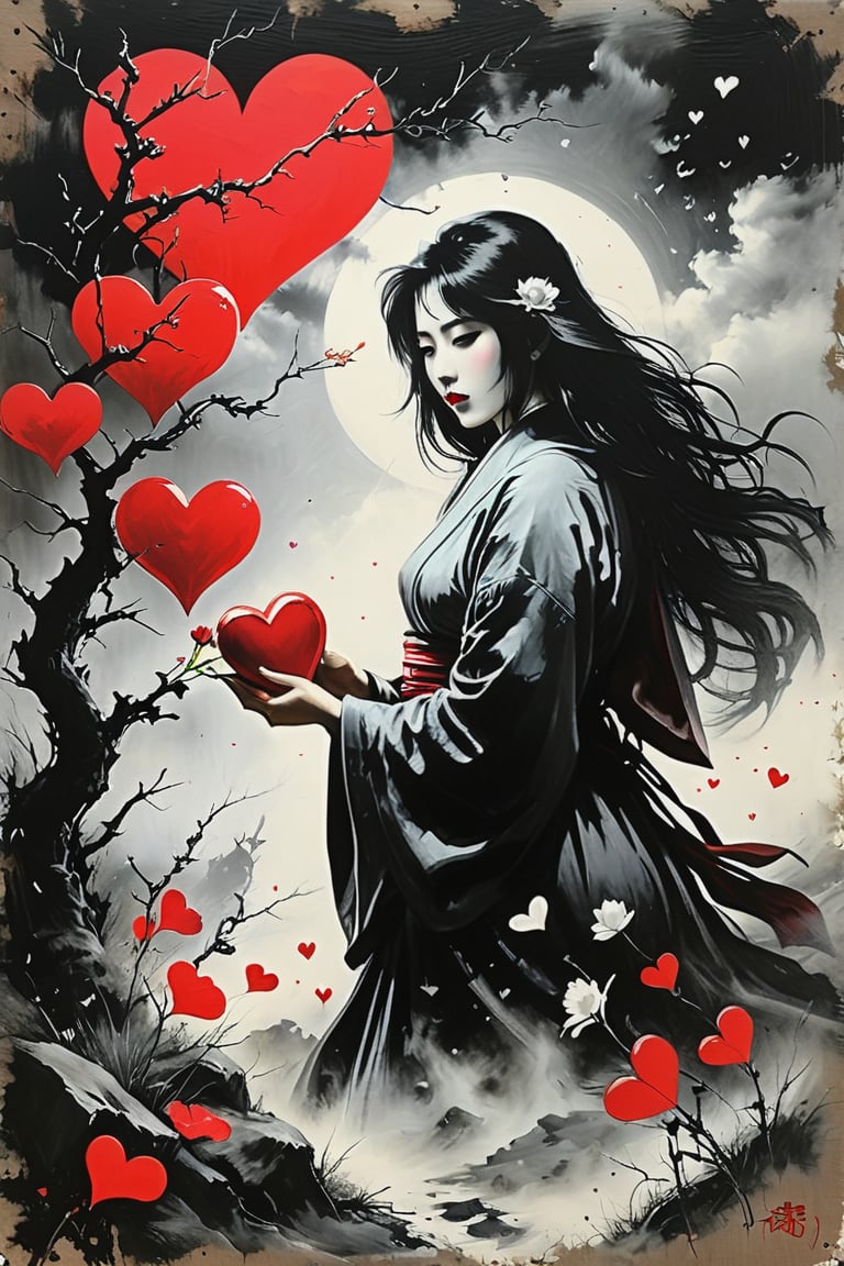 red contour lighting of the subject, impressive painting of an impressive rustic Japanese pastoral vampire holding Valentine's hearts and flowers in a tin, torn burlap, epic scene, graffiti airbrush technique, high definition, accent lighting contrasting with bright paint colors, appearance of scary white women at night among the fog,
 She invites the viewer to immerse herself in the contemplation of beauty and think about the eternal truths of existence, in the style of Bernie Wrightson, Anders Zorn, Alexi Brilo, Luis Royo, extremely detailed, dark, charcoal drawing, black pencil drawing,