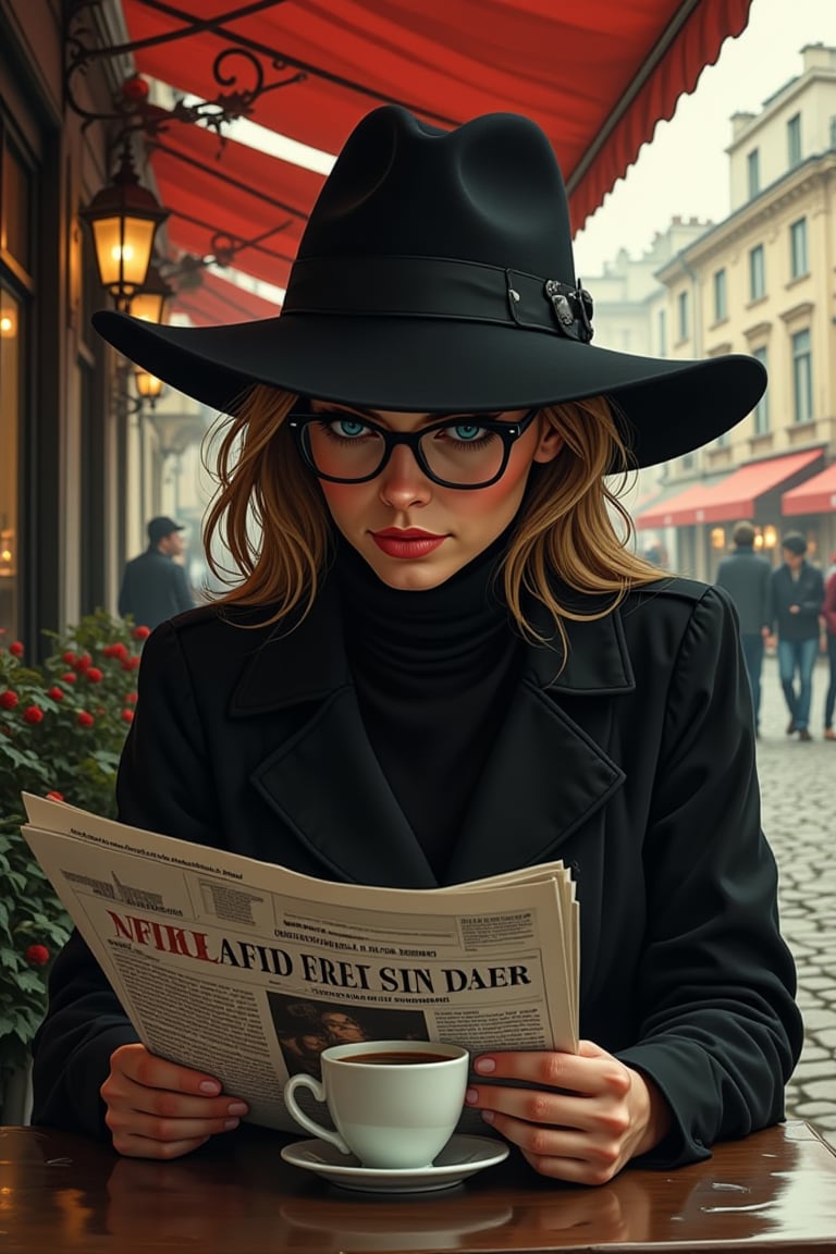 illustration, cartoon, anime, manga, drawing, 
A mysterious woman in a wide-brimmed hat and dark glasses sits in a street cafe, sipping coffee. She is reading a newspaper, but her eyes occasionally glance out onto the street, as if she is waiting for someone. Her posture is elegant, but her presence is enigmatic.

 

  