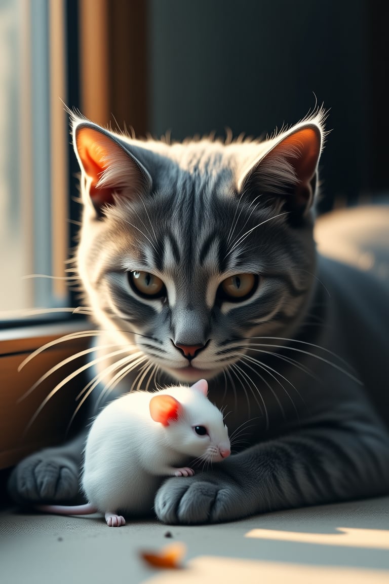 Cinematic style, High quality, Beauty, Realism, Film still, Chiaroscuro, Photorealism, Still Film, (Masterpiece), Close-up, 8k, 
cinematic still An anime-style grey cat aleksA4 plays with a white mouse. chiaroscuro, low-key, grainy, film grain, textures reminiscent of a dry chalk drawing. The soft background with blooming mouse of the valley and morning light creates an atmosphere of tenderness and tranquility.art by Luis Royo, dark, dark, sinister . emotional, harmonious, vignette, 4k epic detailed, shot on kodak, 35mm photo, sharp focus, high budget, cinemascope, moody, epic, gorgeous, film grain, grainy