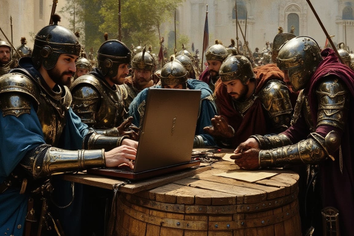 Cinema, Beauty, Realism, Light and Shadow, Cinematography, Film Stills, "Ilya Repin's painting "The Zaporozhian Cossacks". "Knights Writing a Letter to the Turkish Sultan". A group of medieval knights in full armor and period clothing are gathered around a modern laptop. They stare at the screen as if strategizing or studying something important. The setting is an outdoor scene with a castle in the background and a wooden barrel supporting the laptop. The combination of historical and modern elements creates a humorous and anachronistic atmosphere, mixing the Middle Ages with modern technology."